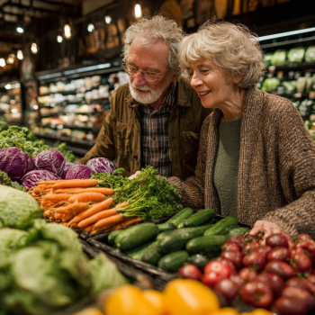 Щаслива літня пара готує здорову їжу разом на кухні